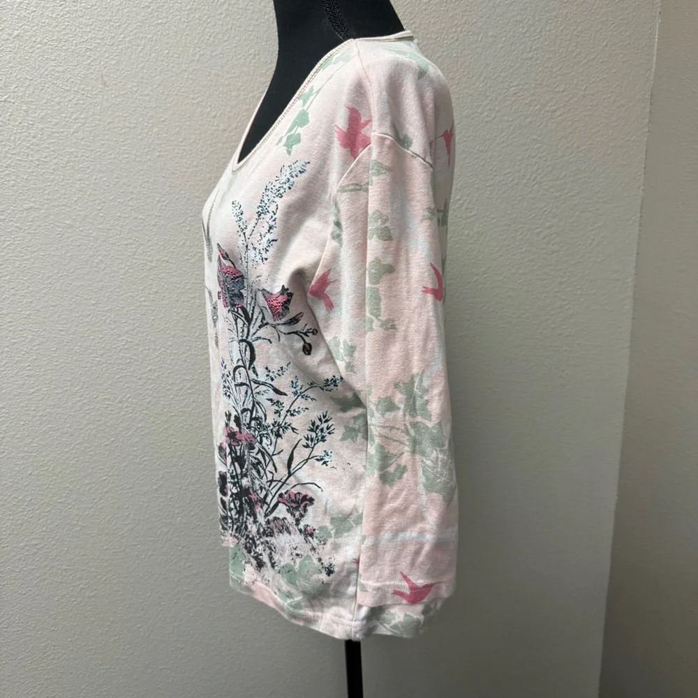 Cactus Bay Hummingbird Floral Tee Pink Rhinestone Birds 3/4 Sleeve Top L - Picture 4 of 9